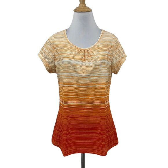 Columbia Shirt Womens S Small Orange Striped Pleated Crew Short Sleeve Wicking - Picture 1 of 14